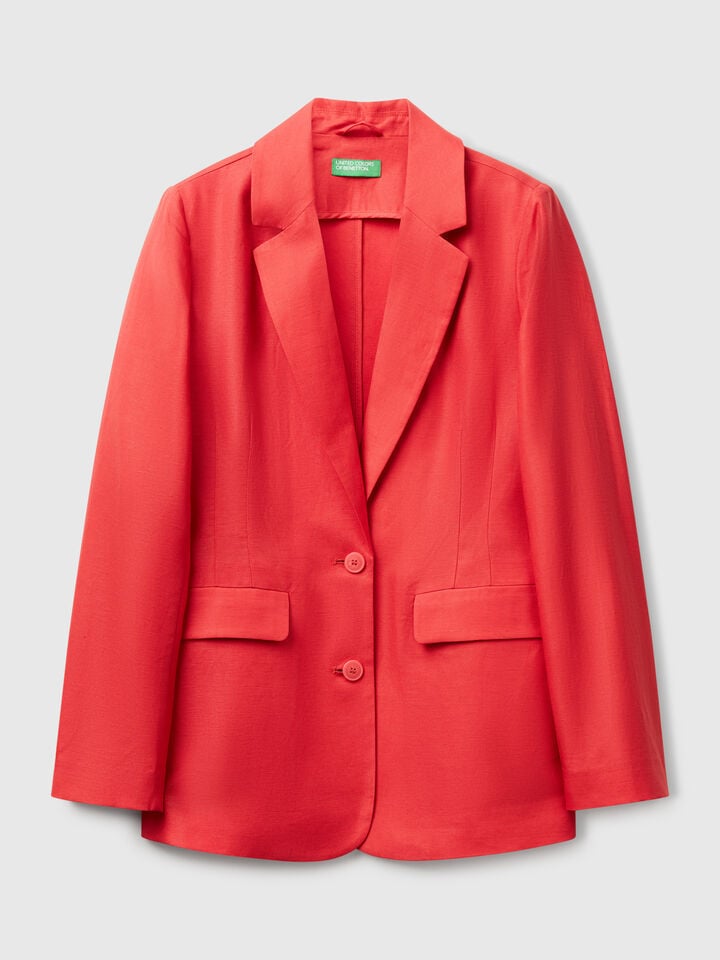 Benetton Blazer In Linen Blend Brick Red