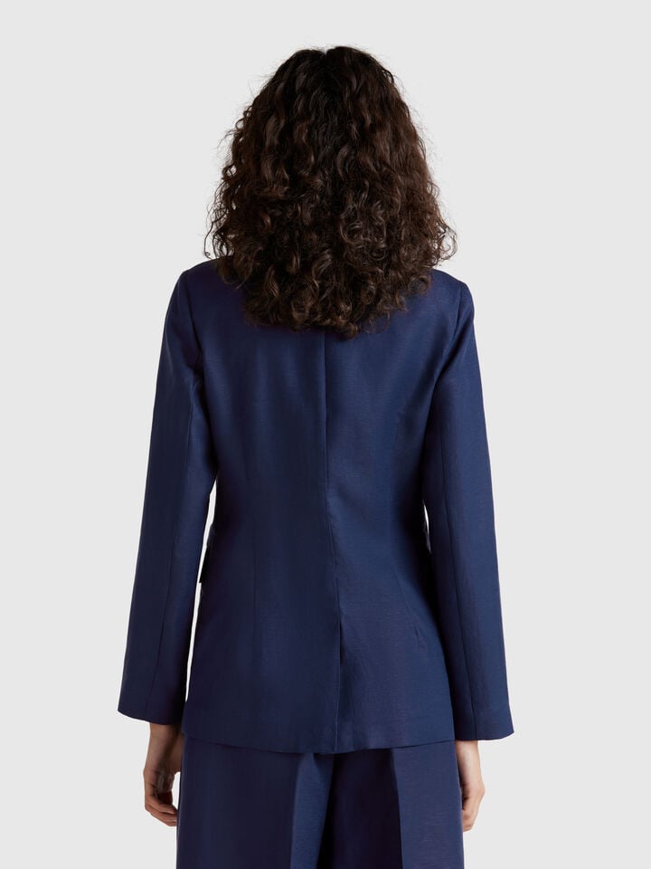 Benetton Blazer In Linen Blend Dark Blue