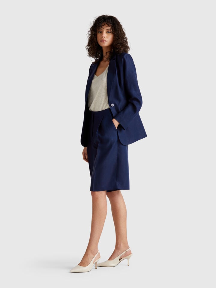 Benetton Blazer In Linen Blend Dark Blue