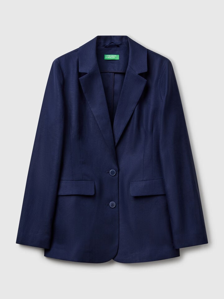 Benetton Blazer In Linen Blend Dark Blue