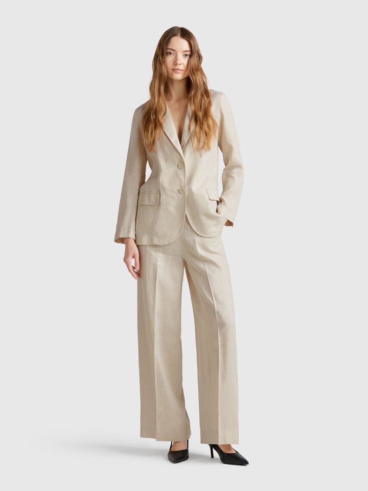 Benetton Blazer In Pure Linen Beige
