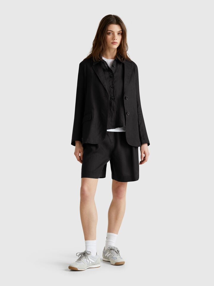 Benetton Blazer In Pure Linen Black