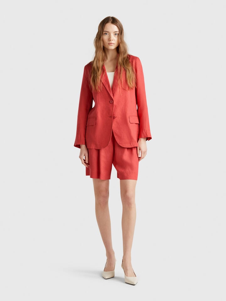 Benetton Blazer In Pure Linen Brick Red