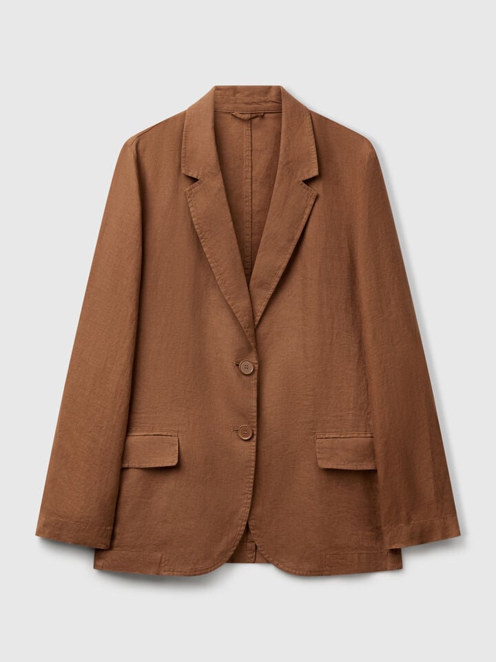 Benetton Blazer In Pure Linen Brown