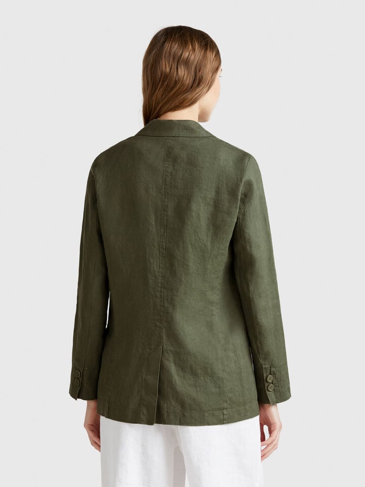 Benetton Blazer In Pure Linen Military Green
