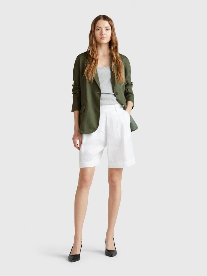 Benetton Blazer In Pure Linen Military Green