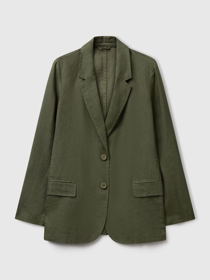 Benetton Blazer In Pure Linen Military Green