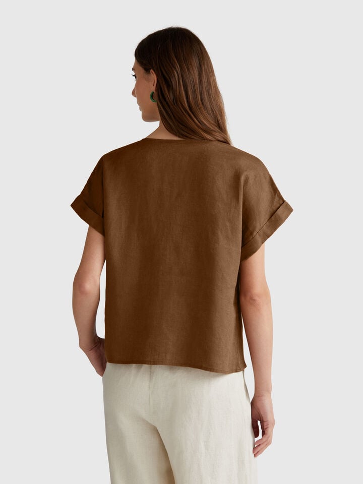 Benetton Blouse In Pure Linen Brown