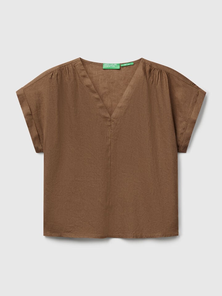 Benetton Blouse In Pure Linen Brown