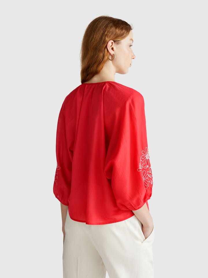 Benetton Blouse With Floral Embroidery Brick Red