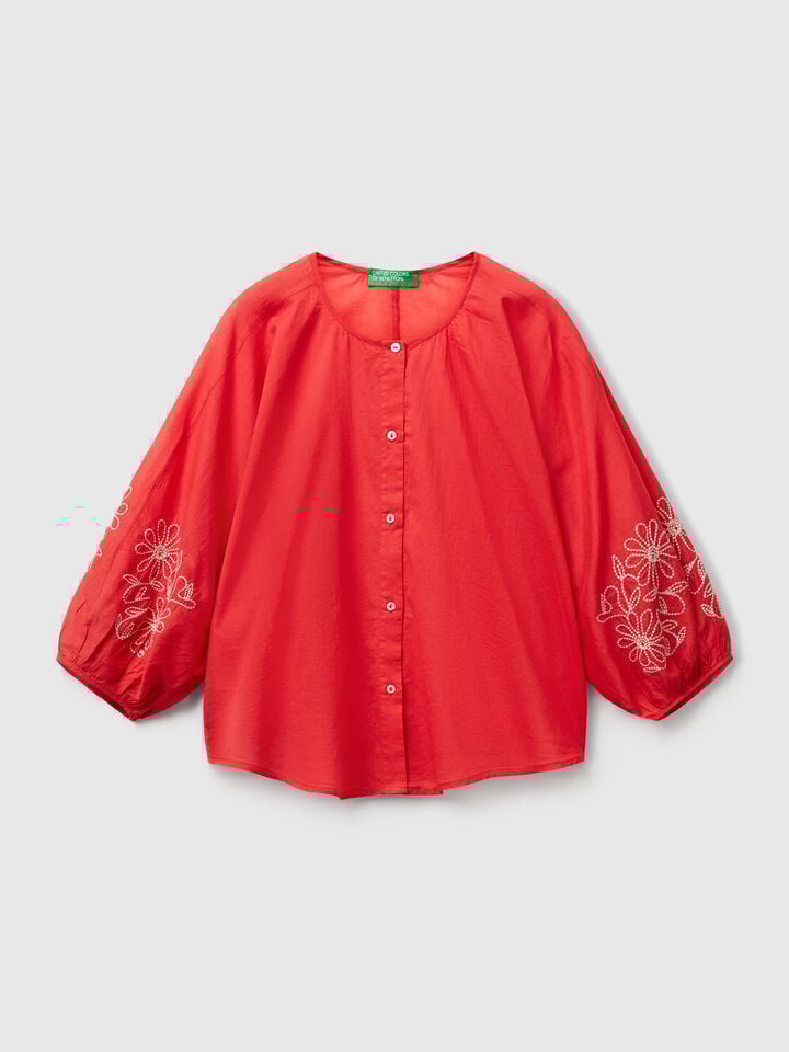 Benetton Blouse With Floral Embroidery Brick Red