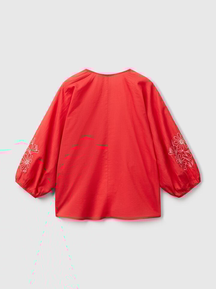 Benetton Blouse With Floral Embroidery Brick Red