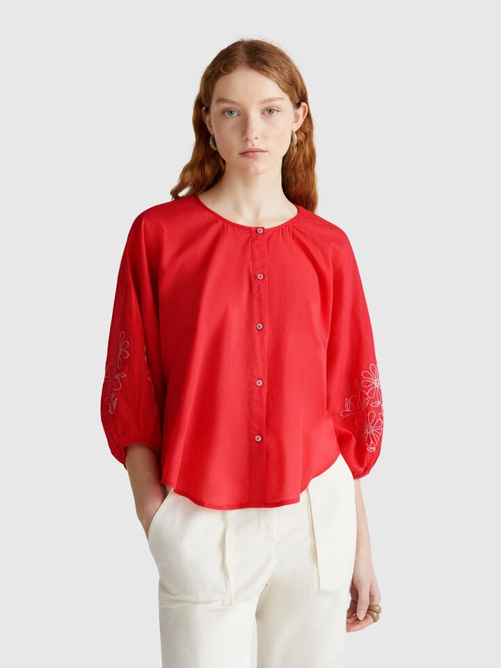 benetton Blouse with floral embroidery Brick Red