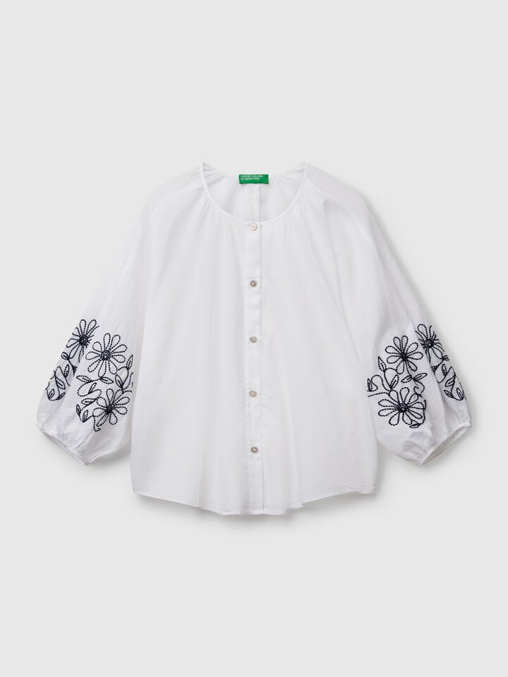 Benetton Blouse With Floral Embroidery White