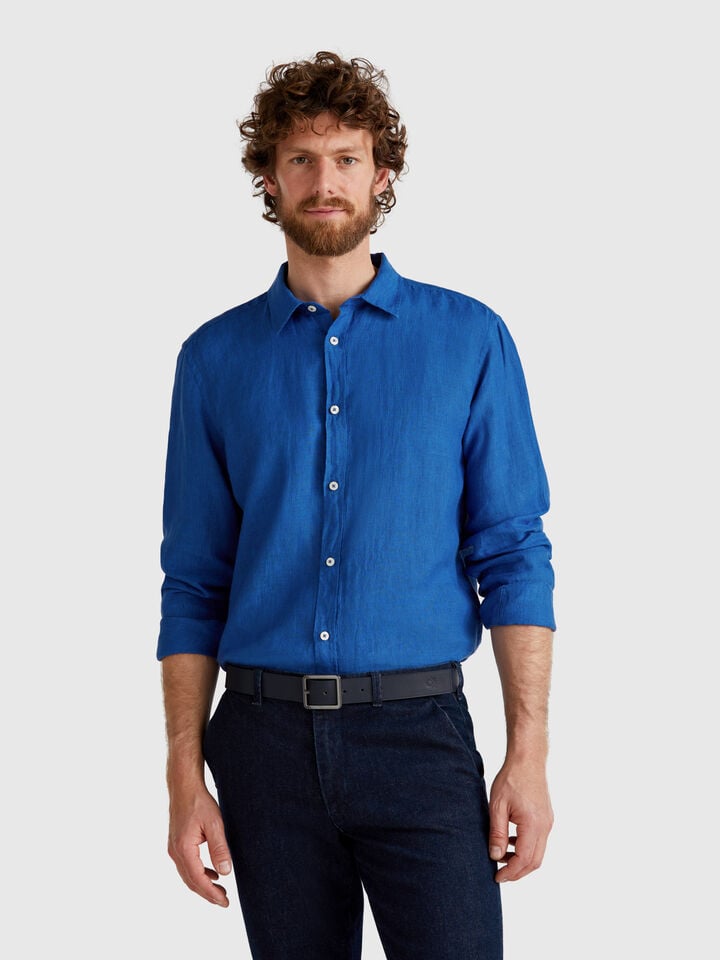 Benetton Blue Shirt In Pure Linen Blue