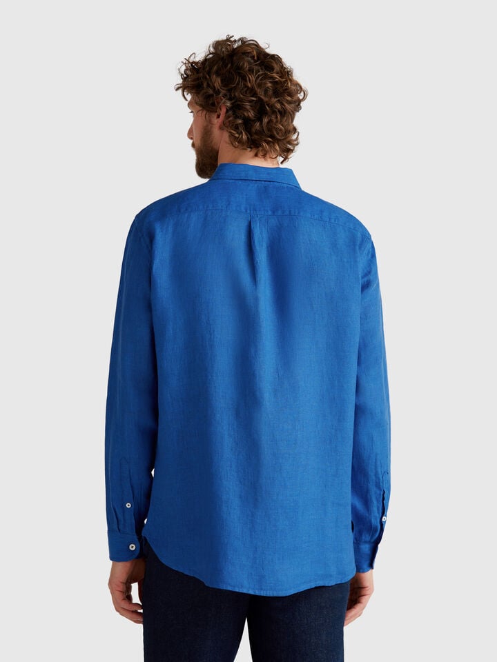 Benetton Blue Shirt In Pure Linen Blue