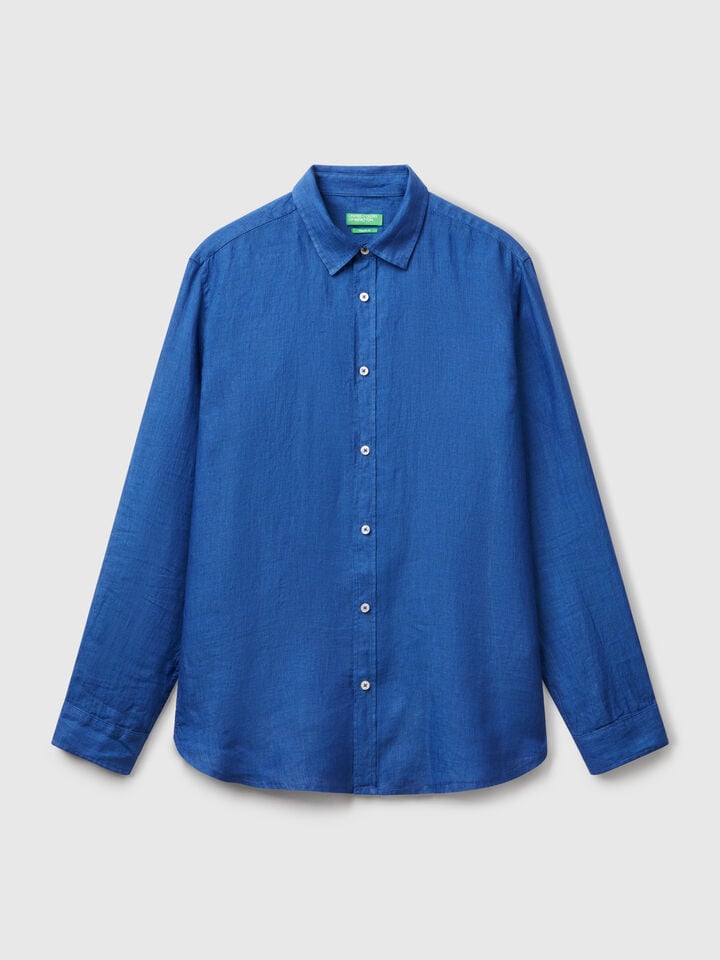 Benetton Blue Shirt In Pure Linen Blue