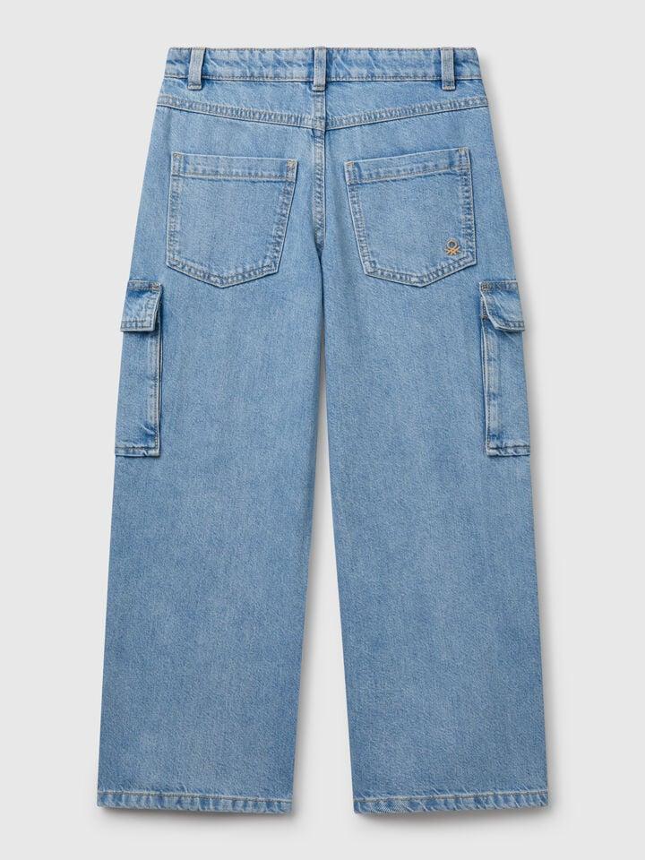 Benetton Cargo Jeans In 100% Cotton Light Blue