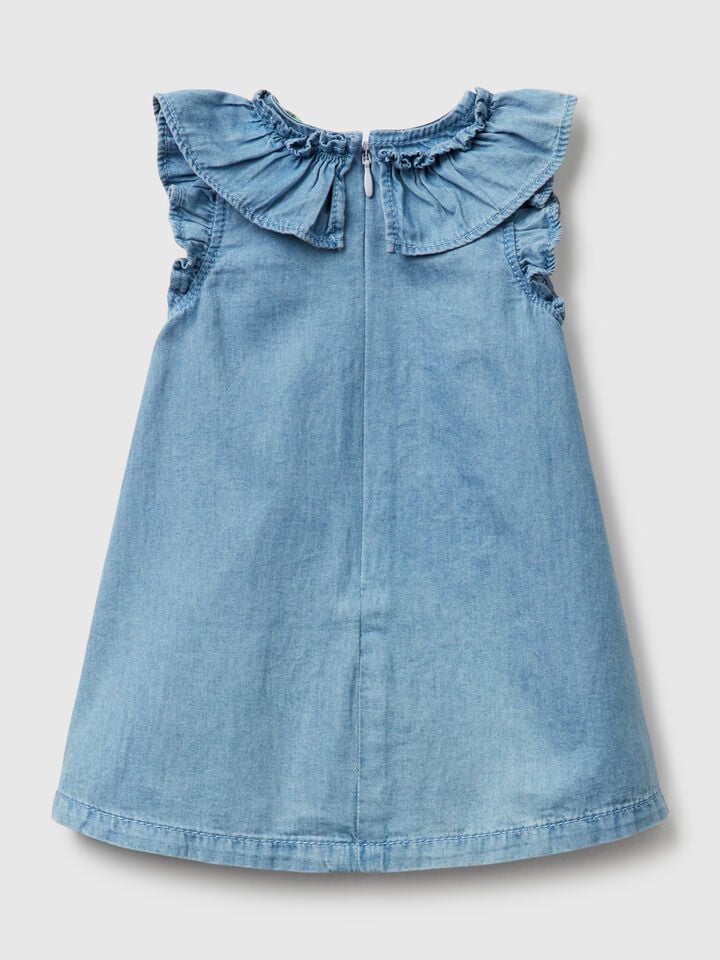 Benetton Chambray Dress With Frill Blue