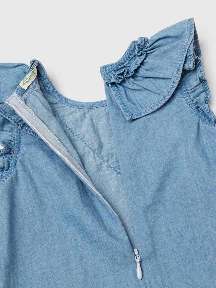 Benetton Chambray Dress With Frill Blue
