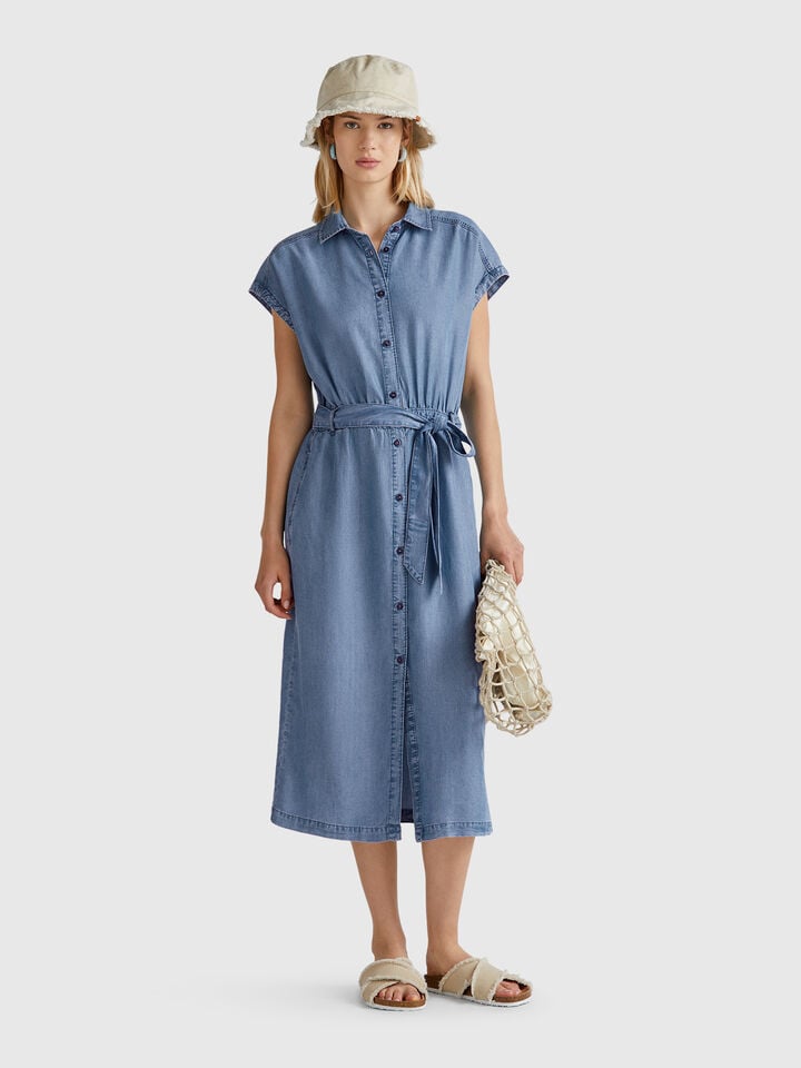 Benetton Chambray Shirt Dress With Sash Light Blue