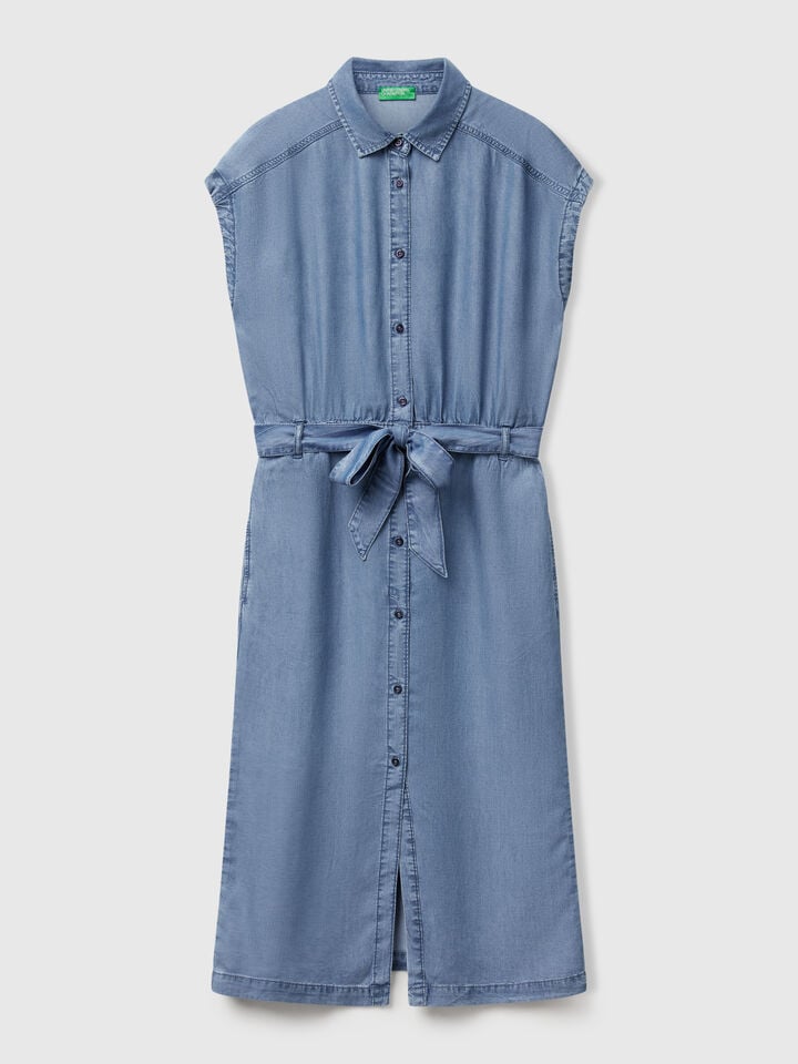 Benetton Chambray Shirt Dress With Sash Light Blue
