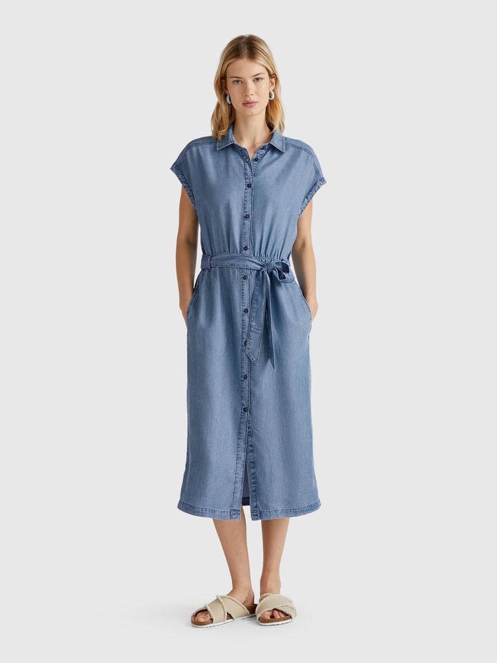 benetton Chambray shirt dress with sash Light Blue