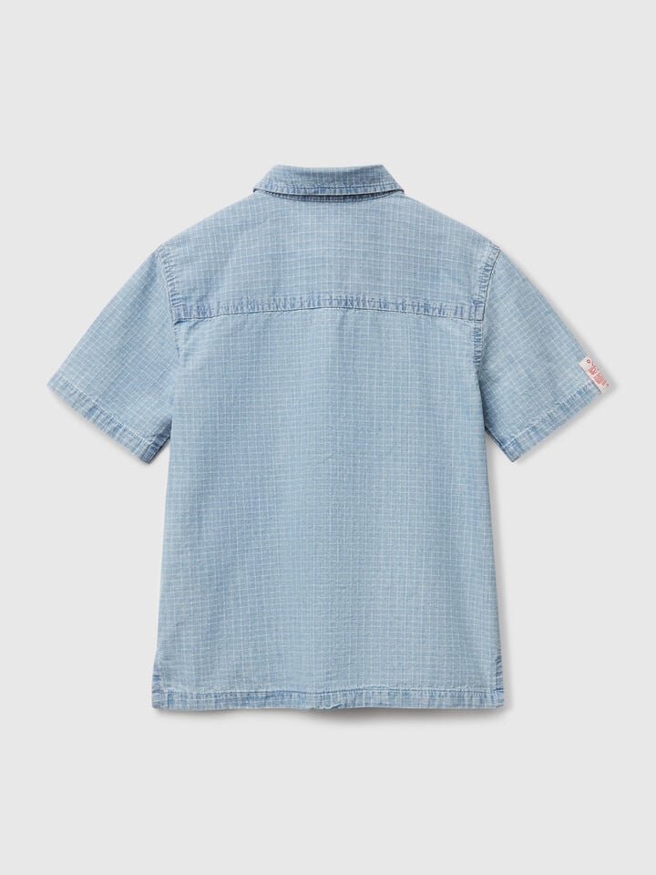 Benetton Check Shirt In Pure Cotton Light Blue