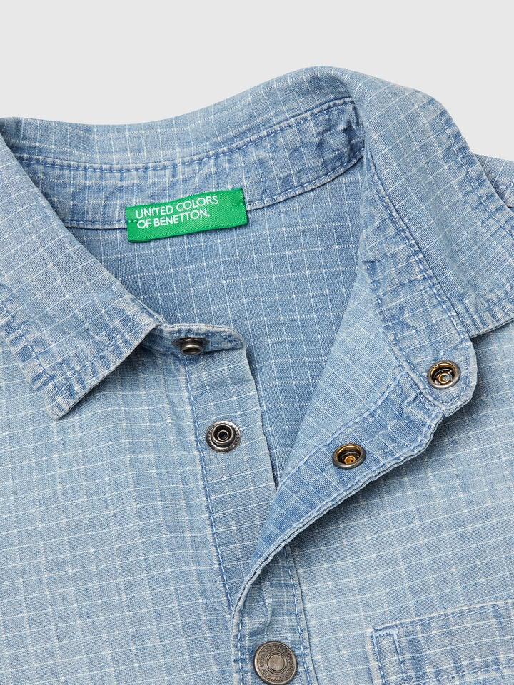 Benetton Check Shirt In Pure Cotton Light Blue