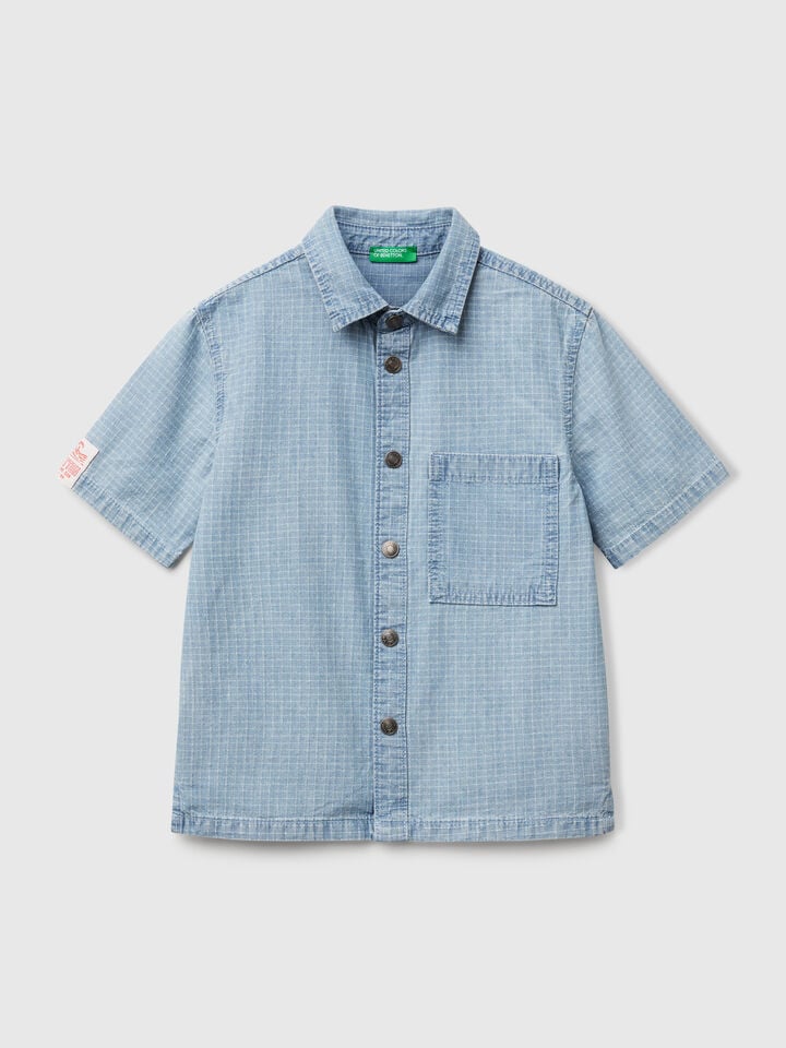 benetton Check shirt in pure cotton Light Blue