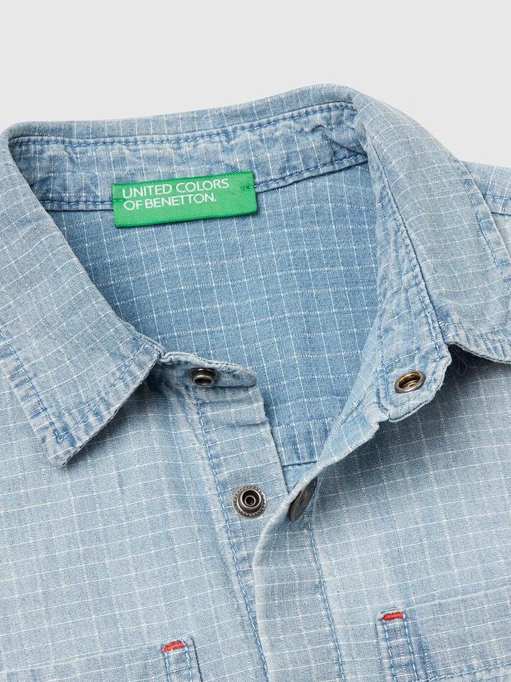 Benetton Check Shirt With Pockets Light Blue