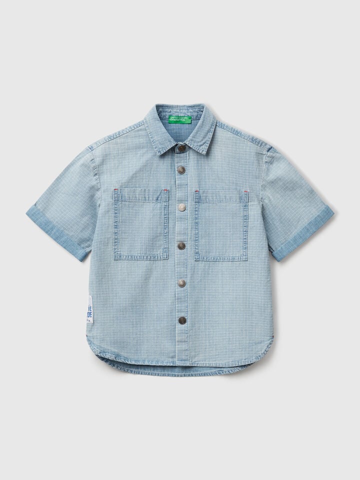 Benetton Check Shirt With Pockets Light Blue