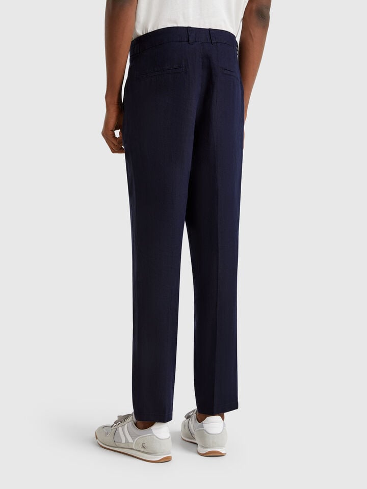Benetton Chinos In Pure Linen Dark Blue