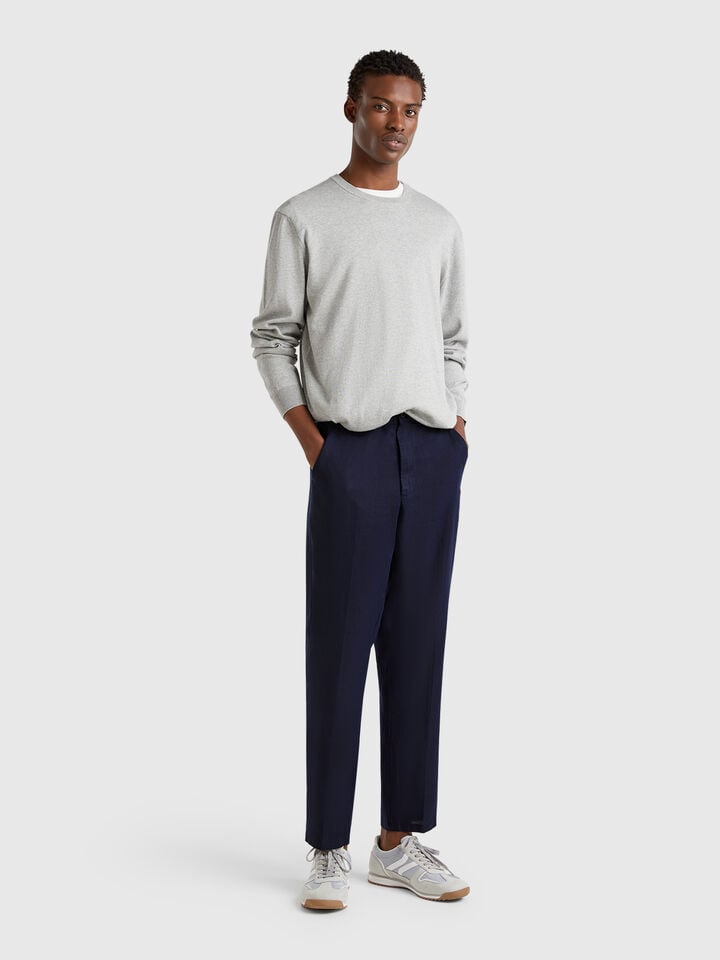 Benetton Chinos In Pure Linen Dark Blue