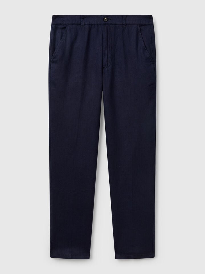 Benetton Chinos In Pure Linen Dark Blue