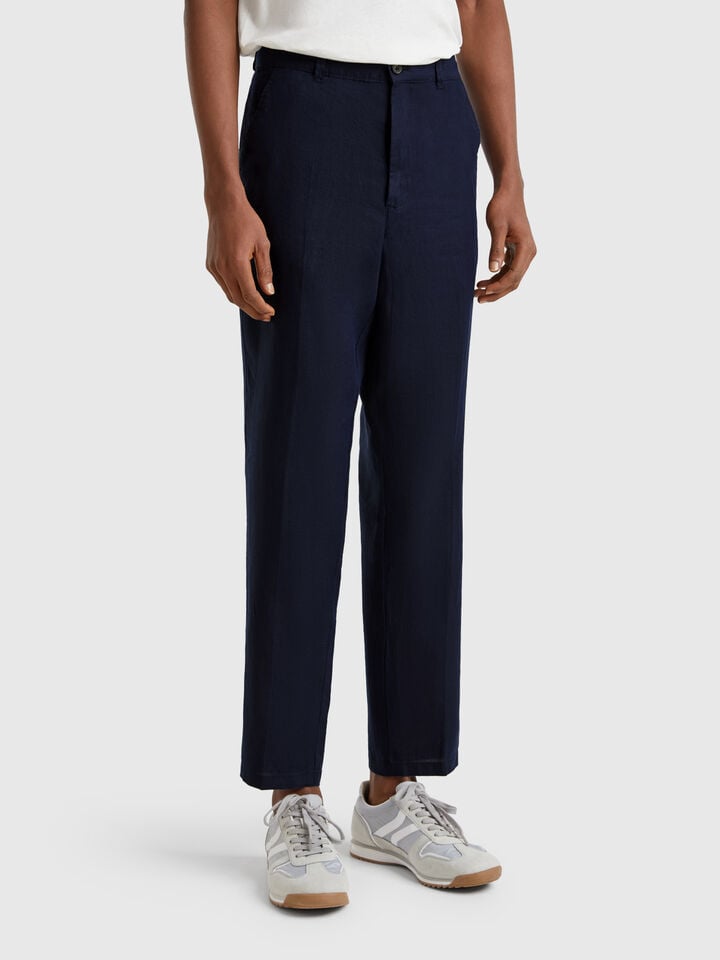 benetton Chinos in pure linen Dark Blue