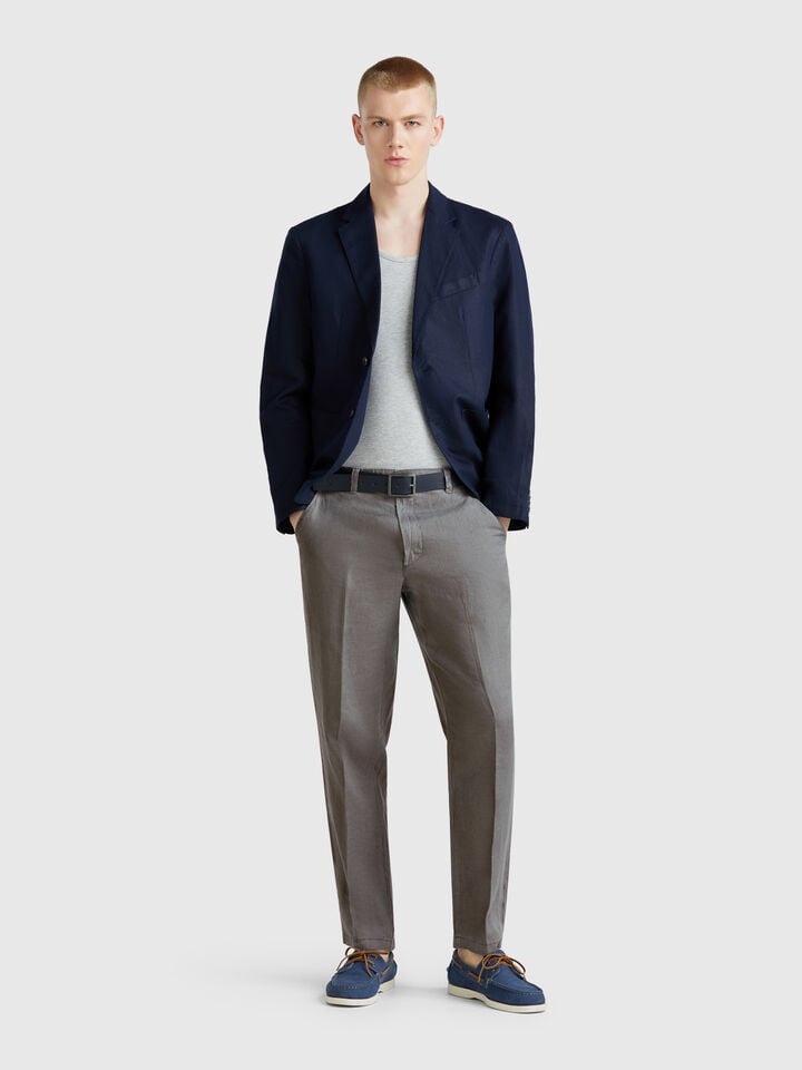 Benetton Chinos In Pure Linen Dark Gray
