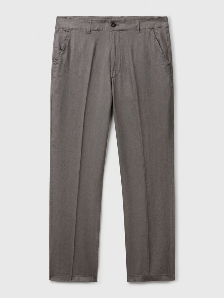Benetton Chinos In Pure Linen Dark Gray