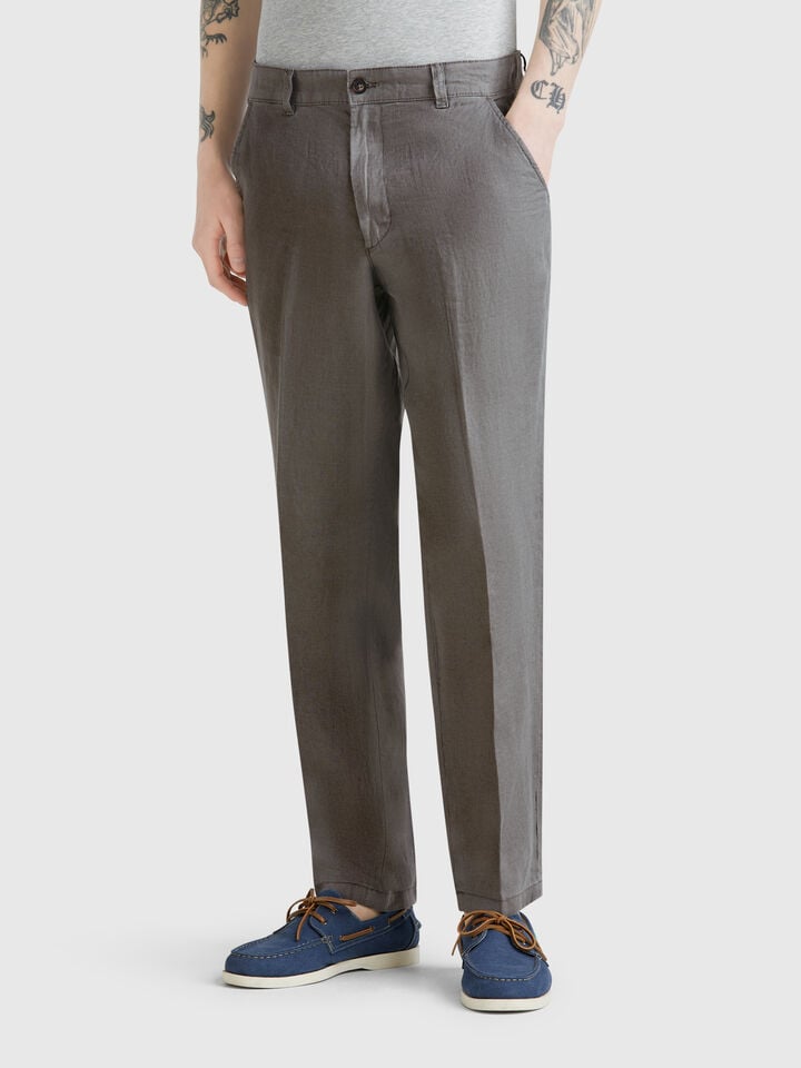 benetton Chinos in pure linen Dark Gray