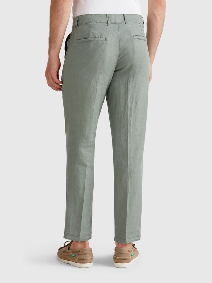 Benetton Chinos In Pure Linen Military Green