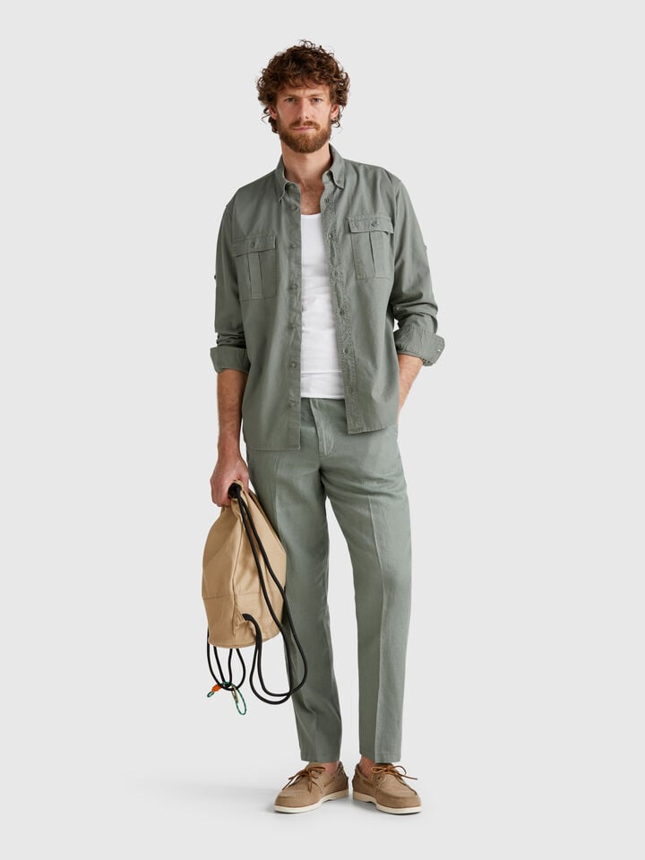 Benetton Chinos In Pure Linen Military Green