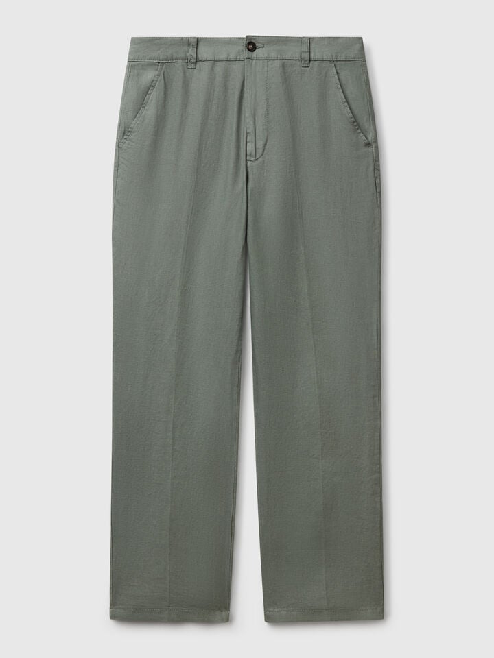 Benetton Chinos In Pure Linen Military Green
