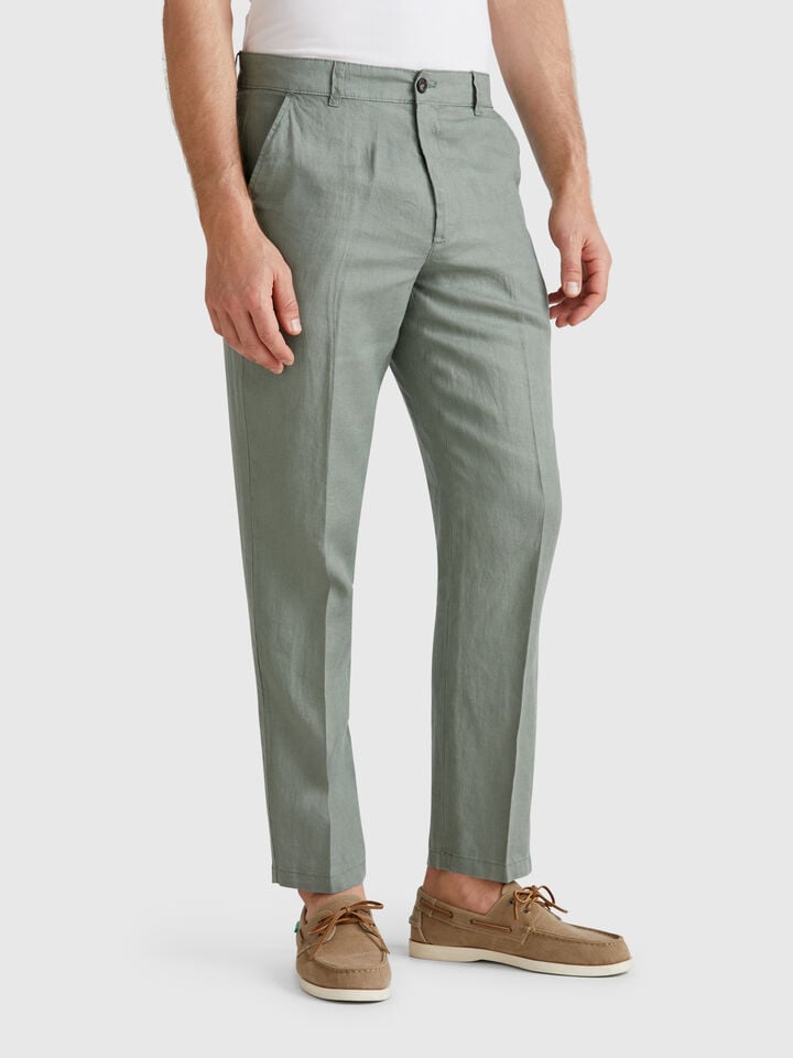 benetton Chinos in pure linen Military Green