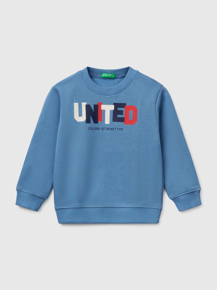 Benetton Cotton Sweatshirt With Print Light Blue