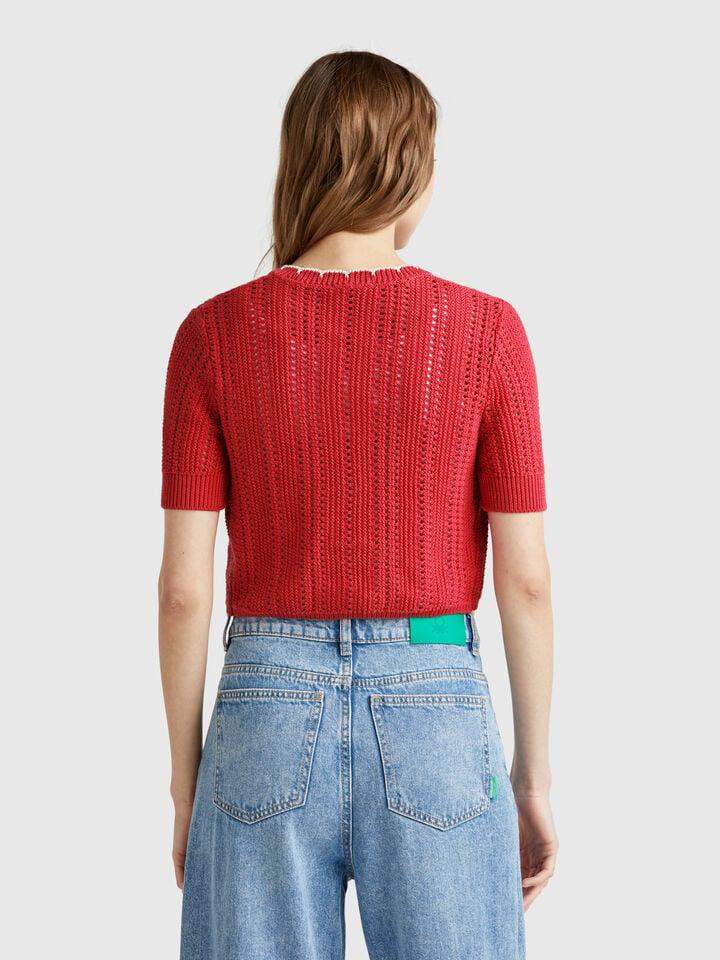 Benetton Cropped Perforated Cardigan Brick Red