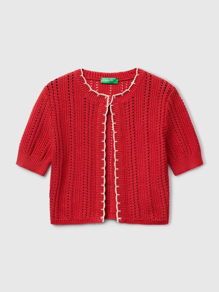 Benetton Cropped Perforated Cardigan Brick Red