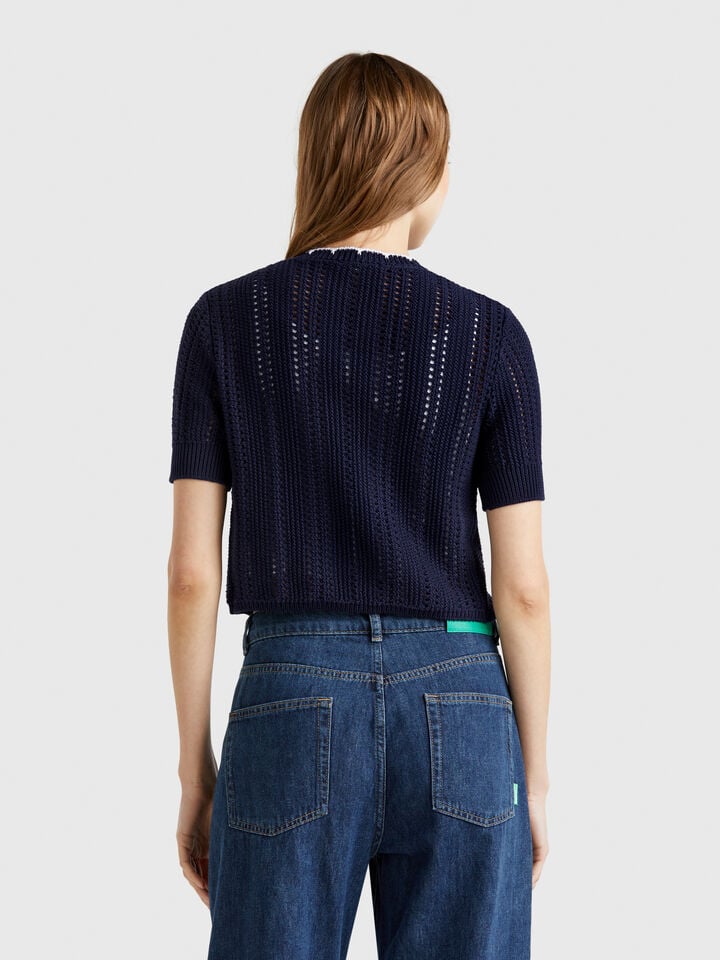 Benetton Cropped Perforated Cardigan Dark Blue