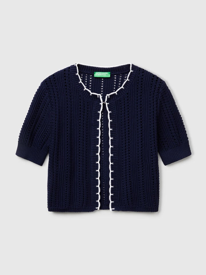 Benetton Cropped Perforated Cardigan Dark Blue