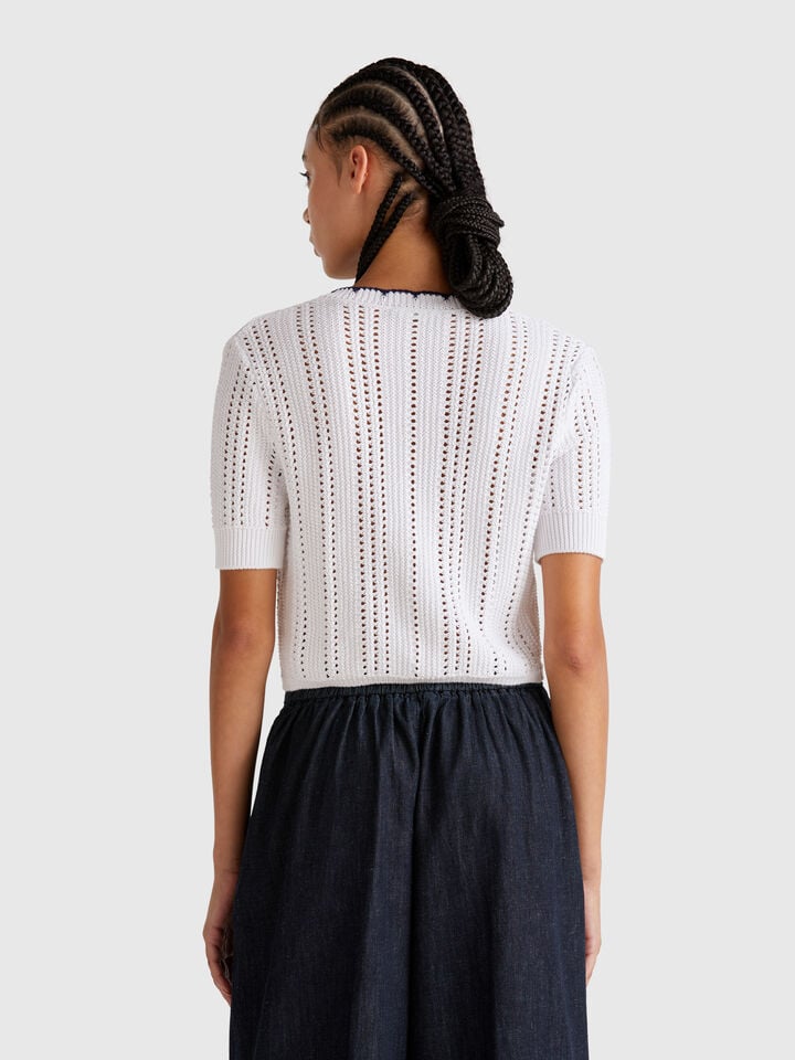 Benetton Cropped Perforated Cardigan White