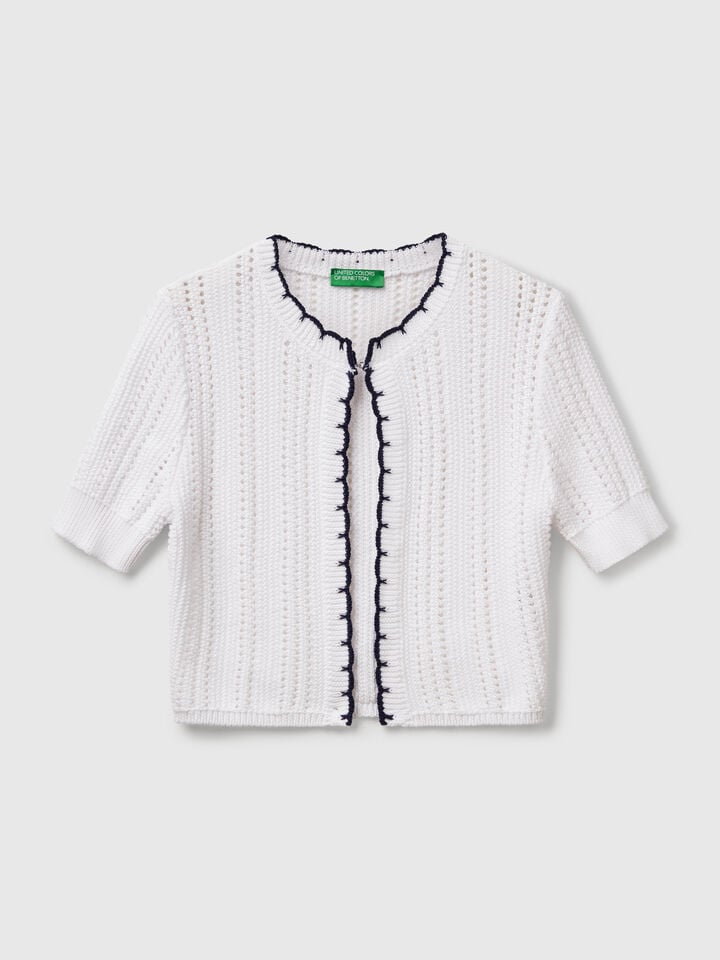 Benetton Cropped Perforated Cardigan White